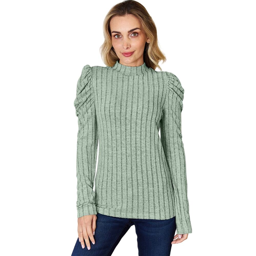 Basic Bae Light Green Ribbed Mock Turtleneck Puff Sleeve Top NEW Misses Plus